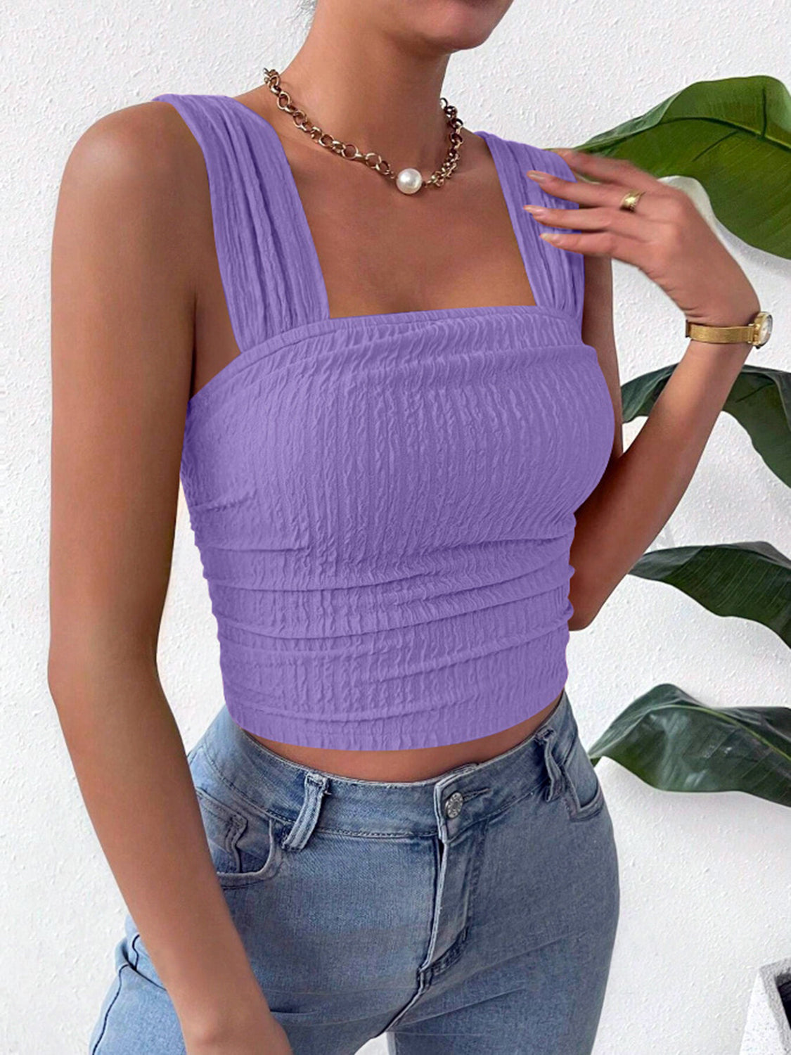 Textured Square Neck Wide Strap Tank   