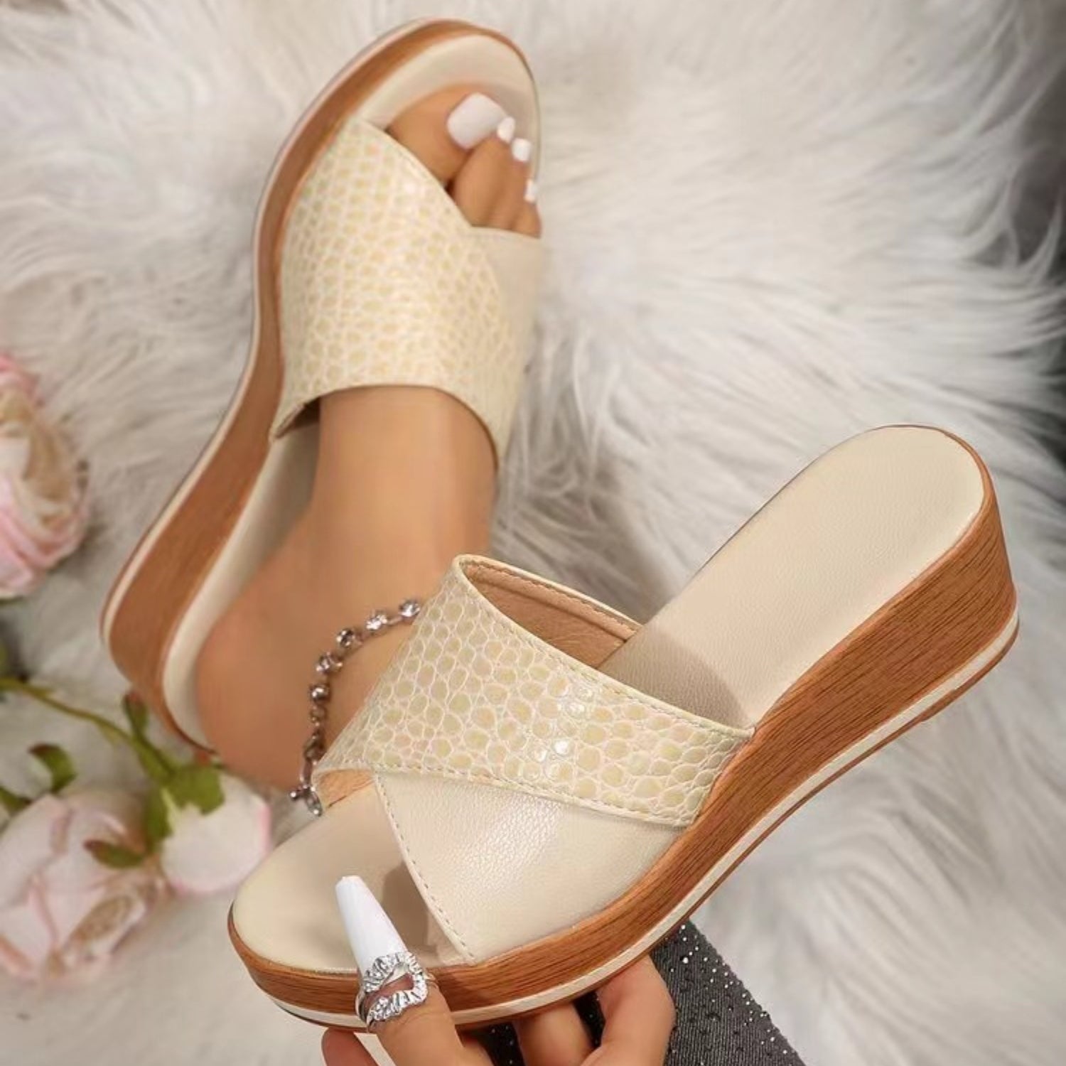 PU Leather Open Toe Sandals Ivory 36(US5) 