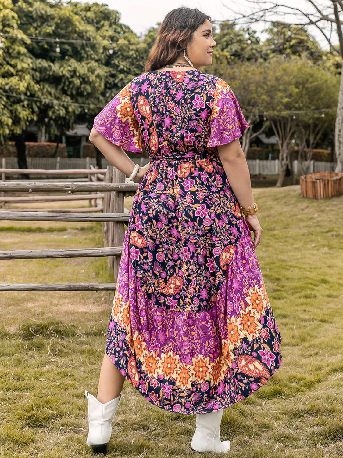 Plus Size Printed V-Neck Flutter Sleeve Midi Dress   