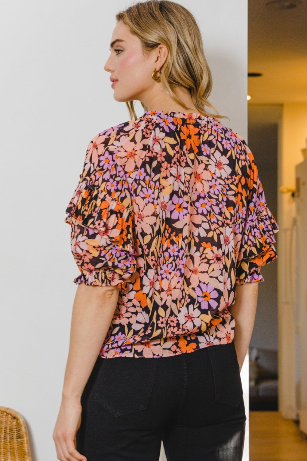 STUNNLY  ODDI Full Size Floral Tie Neck Ruffled Blouse   