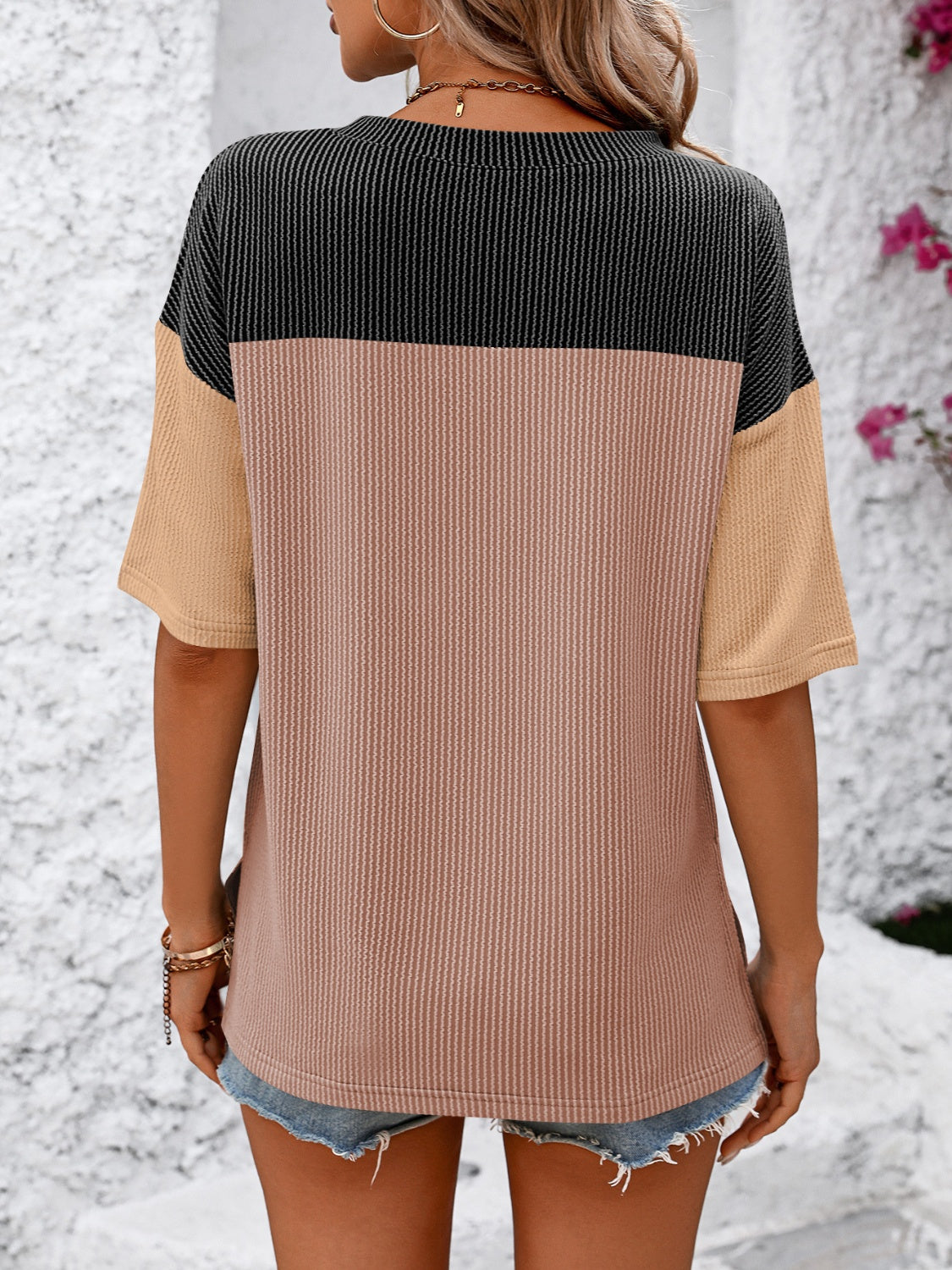 STUNNLY  Color Block Round Neck Half Sleeve T-Shirt   