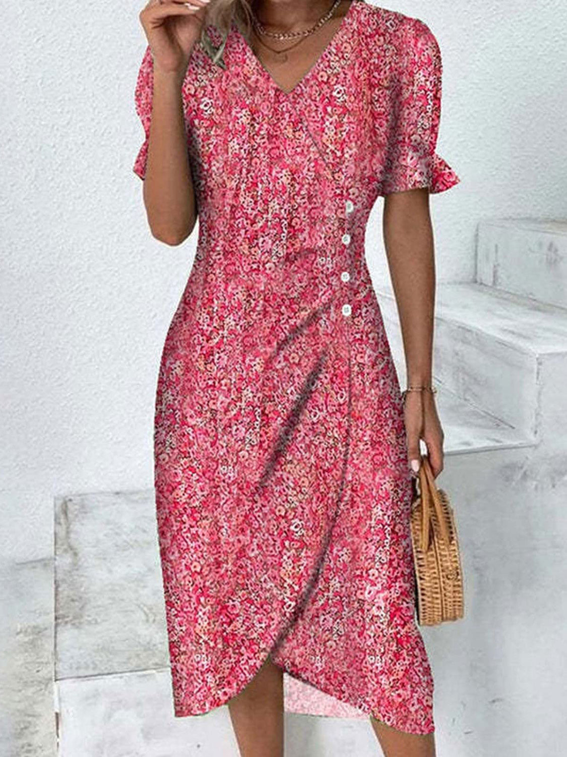 Full Size Printed Surplice Flounce Sleeve Midi Dress Deep Rose S 