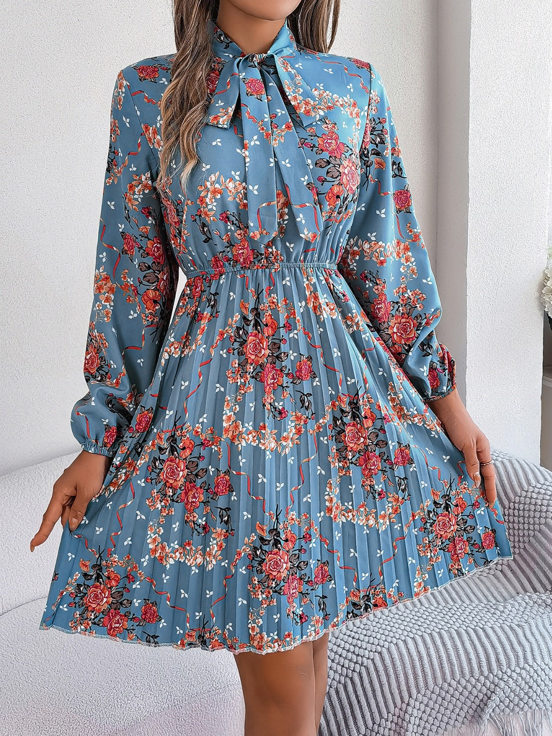 Pleated Printed Tie Neck Long Sleeve Dress Dusty Blue S 