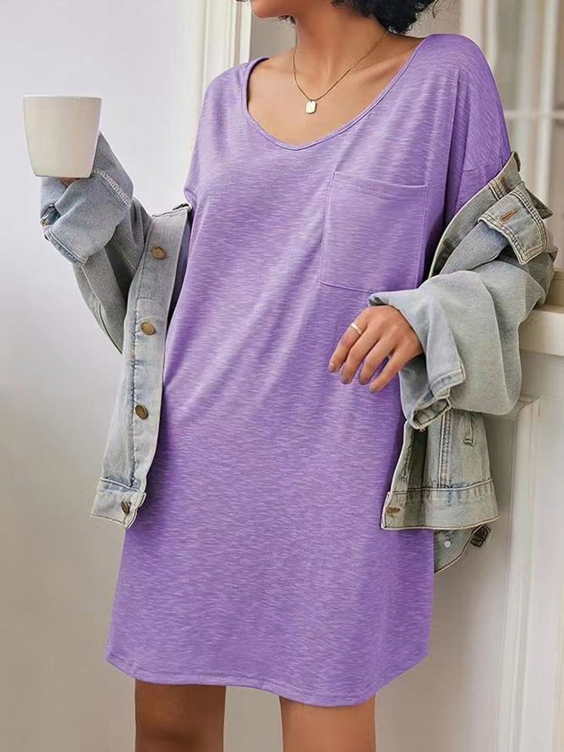 Pocketed V-Neck Short Sleeve Tee Dress   