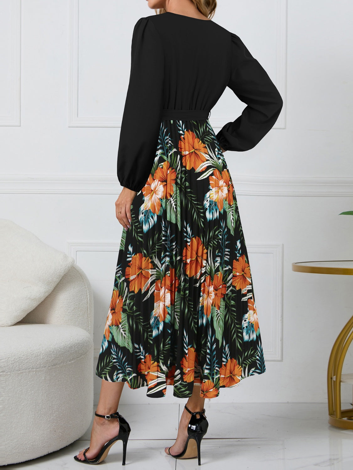 Pleated Printed Surplice Long Sleeve Dress   