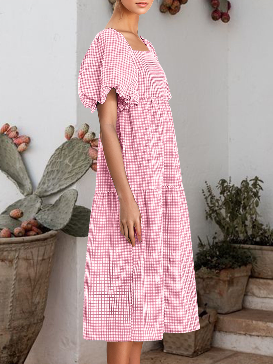 Plaid Square Neck Short Sleeve Dress Dusty Pink S 