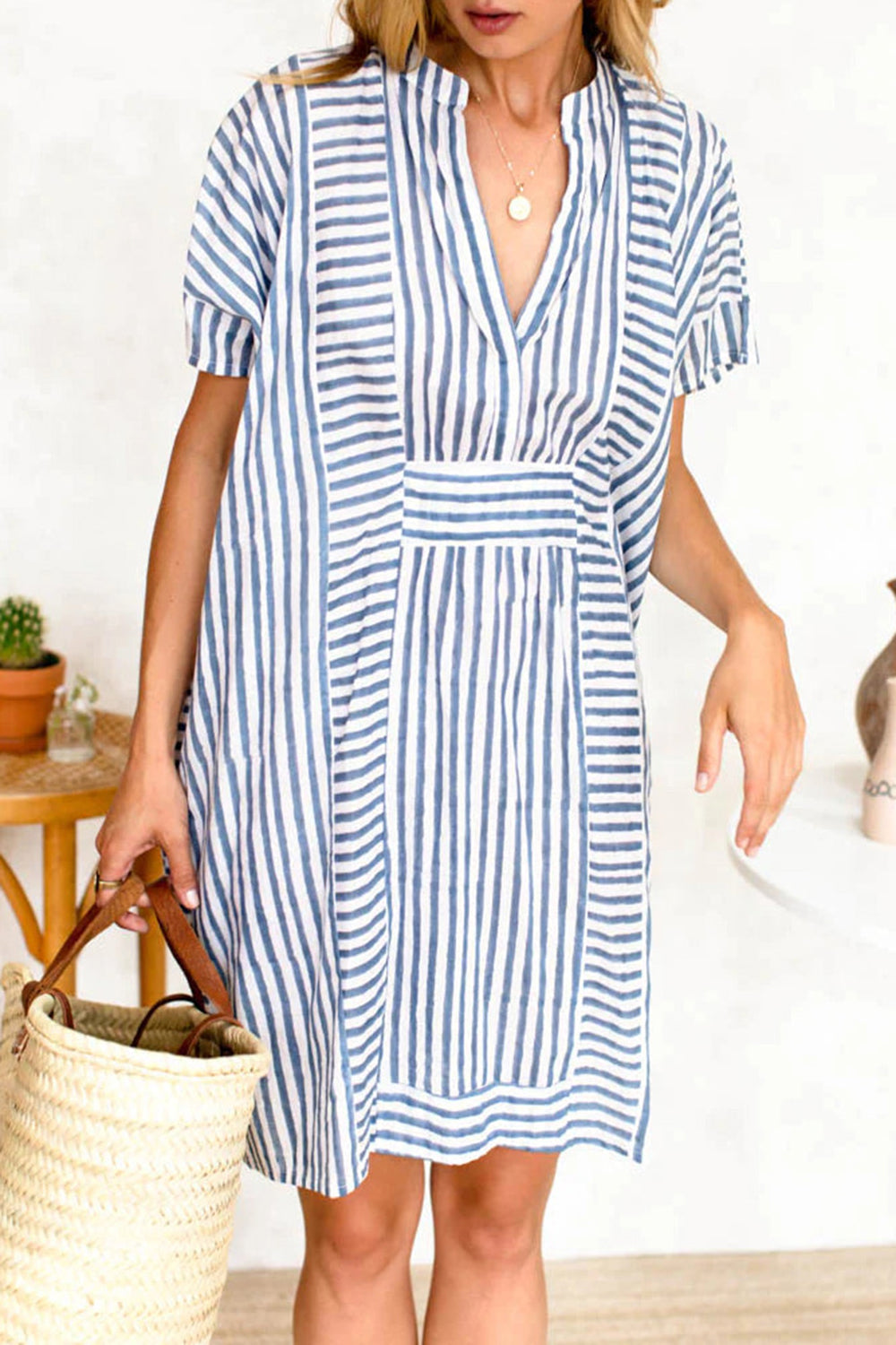 Striped Notched Short Sleeve Mini Dress   