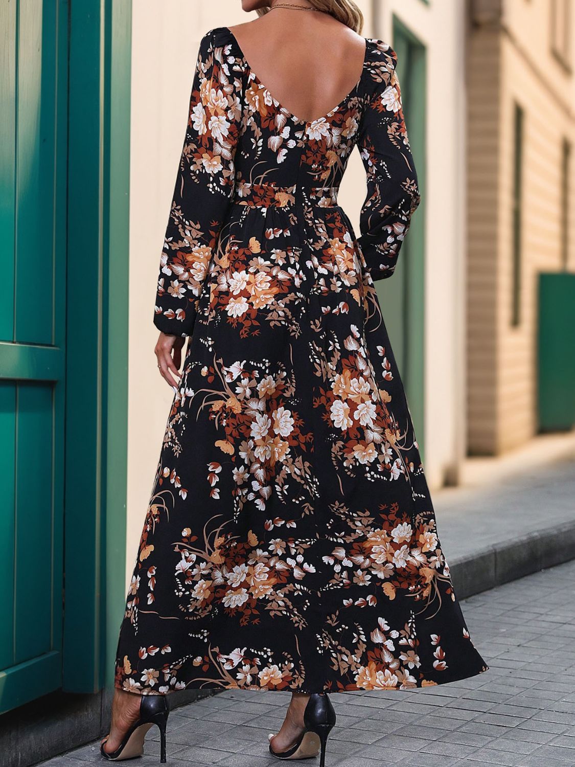 Slit Printed Surplice Long Sleeve Maxi Dress   