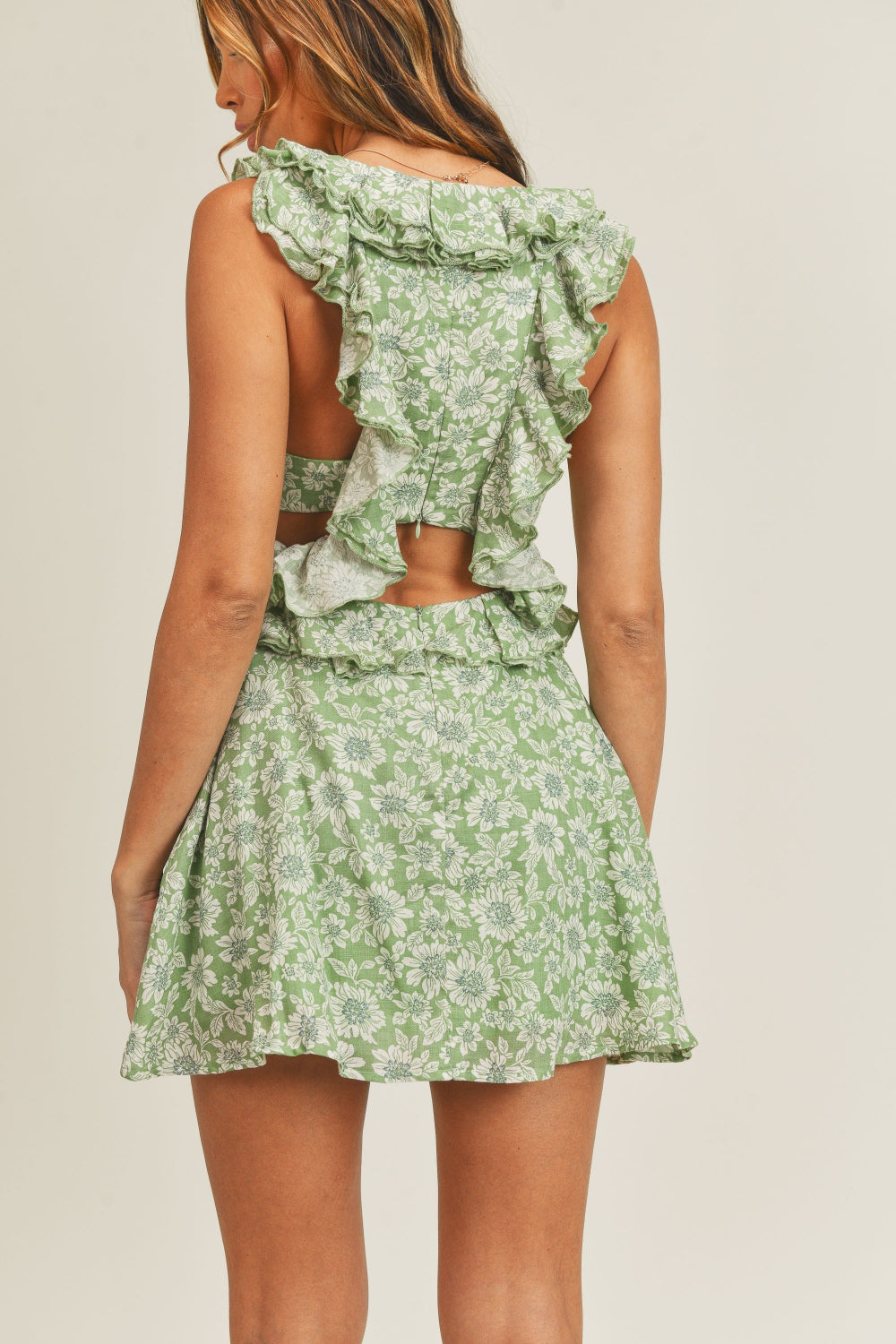 MABLE Floral Side Cutout Ruffled Mini Dress   