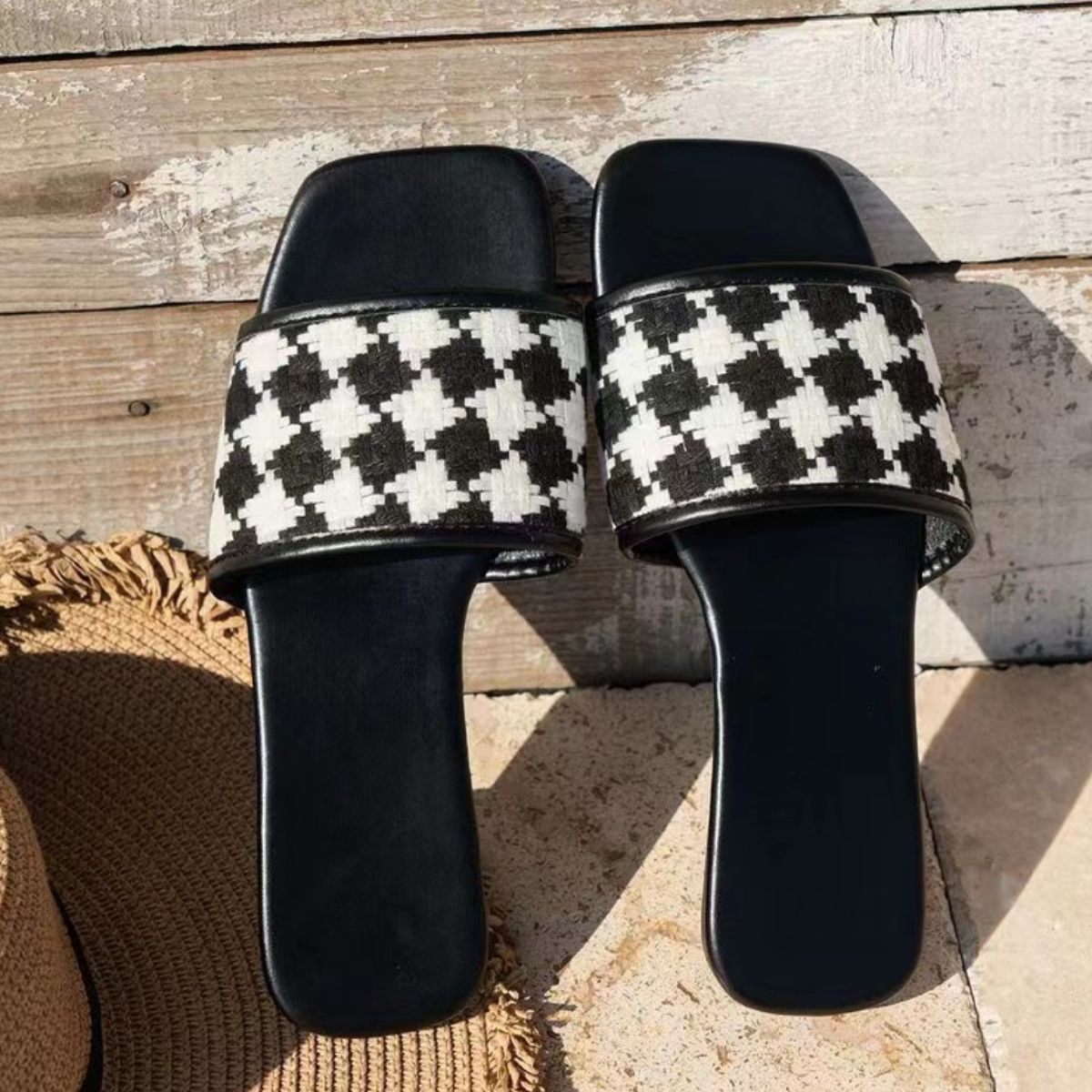 STUNNLY  Plaid Open Toe Flat Sandals Black 36(US5) 