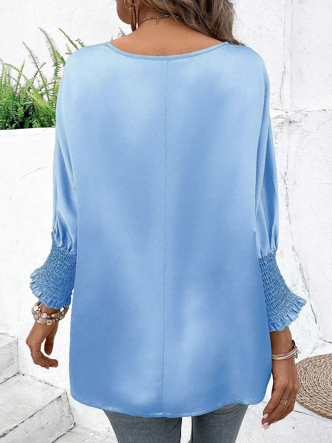 STUNNLY  Smocked Round Neck Three-Quarter Sleeve Blouse Pastel  Blue S 