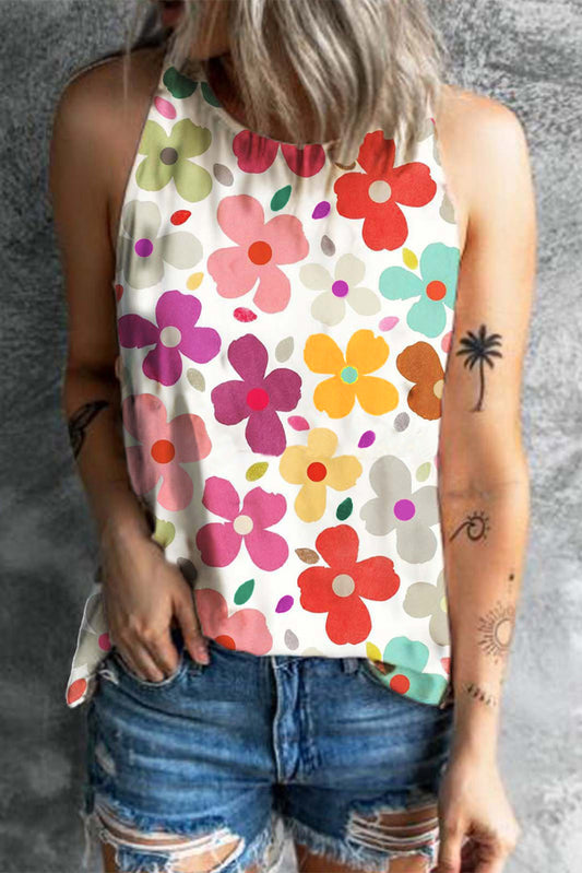 STUNNLY  Flower Printed Round Neck Tank Floral S 