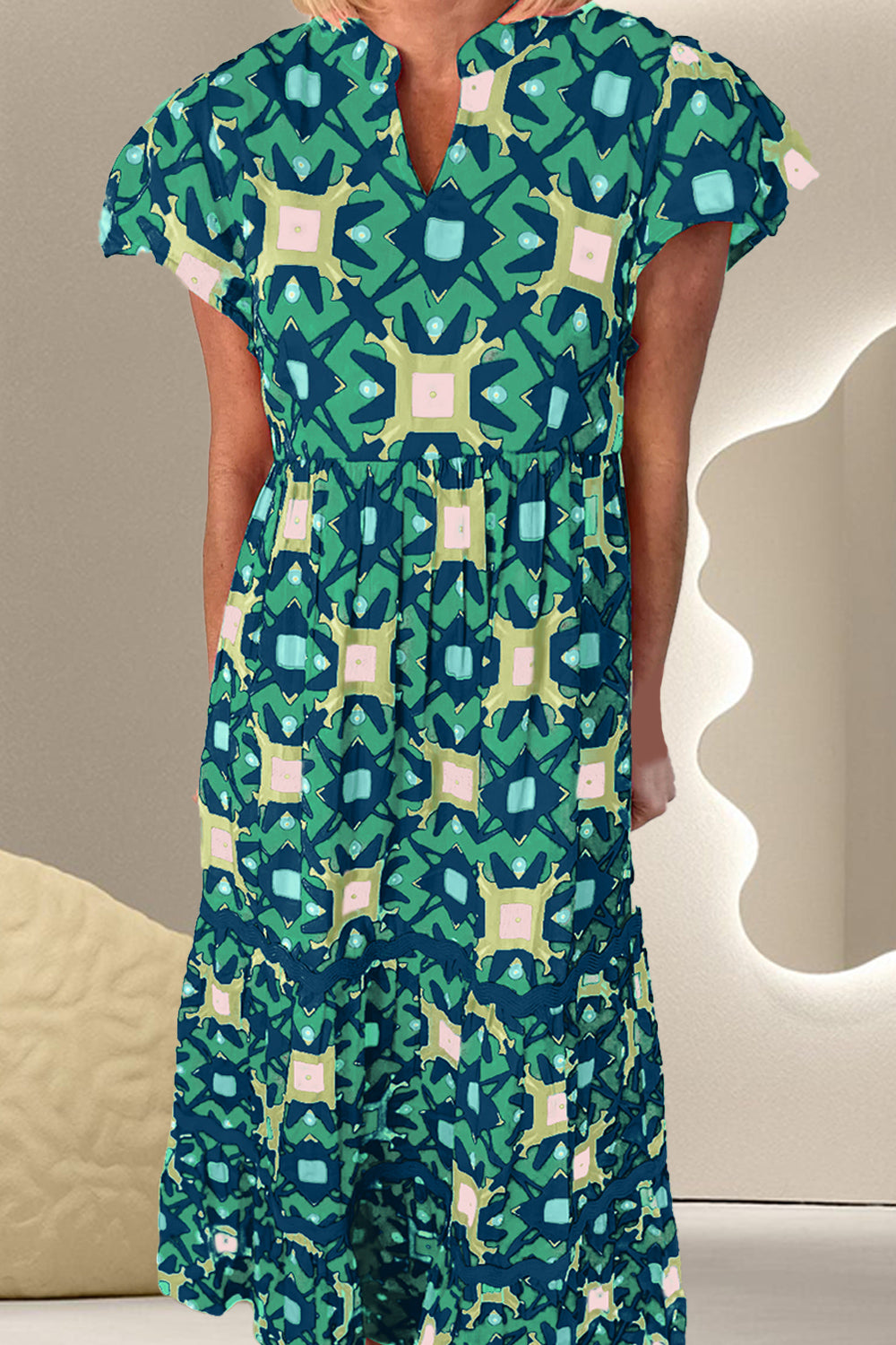 Printed Notched Cap Sleeve Dress Dark Green S 