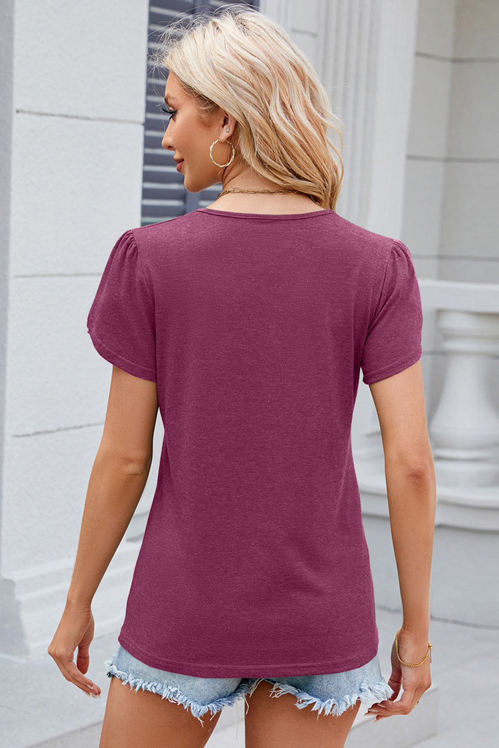 STUNNLY  Decorative Button V-Neck Short Sleeve T-Shirt   