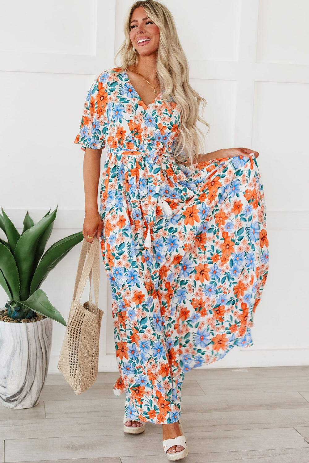 Tied Slit Printed Half Sleeve Maxi Dress Floral S 