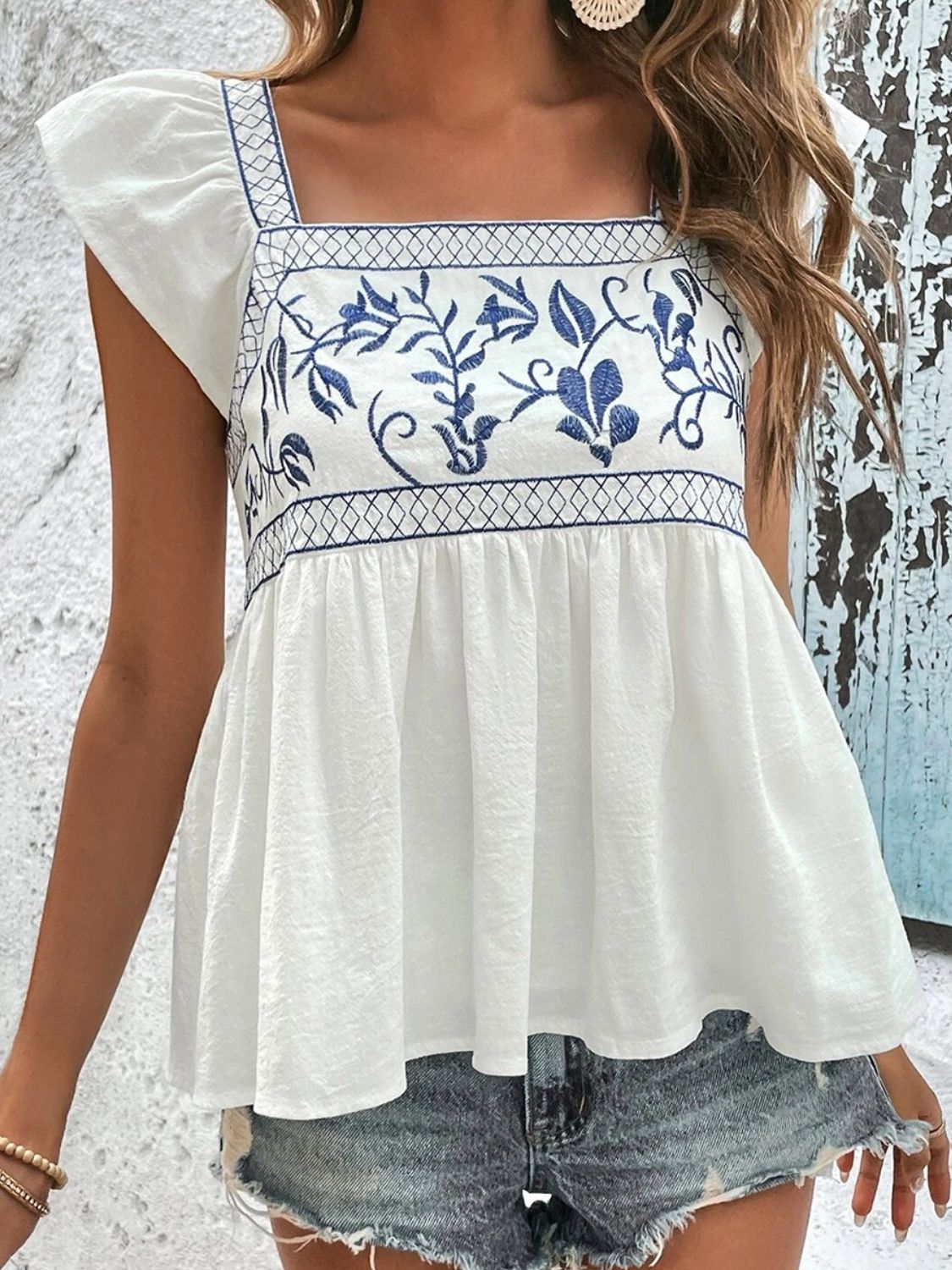 STUNNLY  Tied Embroidered Ruffled Square Neck Cap Sleeve Blouse   