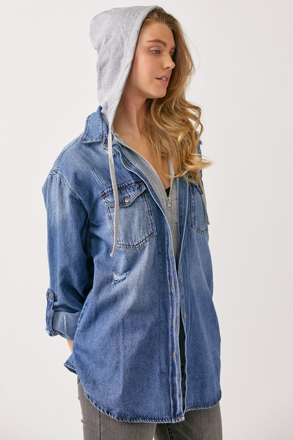 RISEN Zip Up Hooded Denim Shirt Dark S 