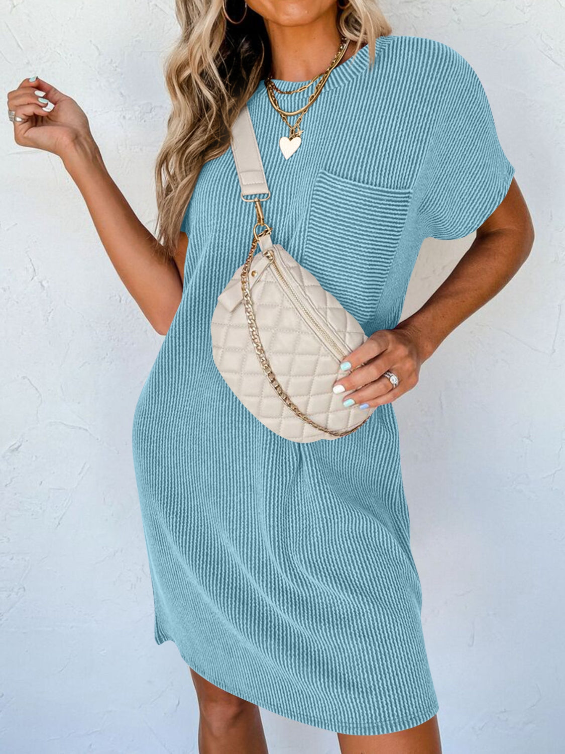 Round Neck Short Sleeve Mini Dress   