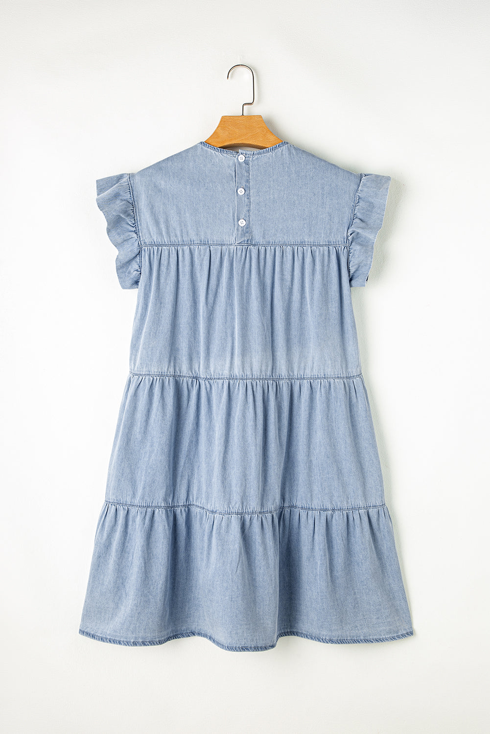 Ruffled Round Neck Cap Sleeve Denim Dress   