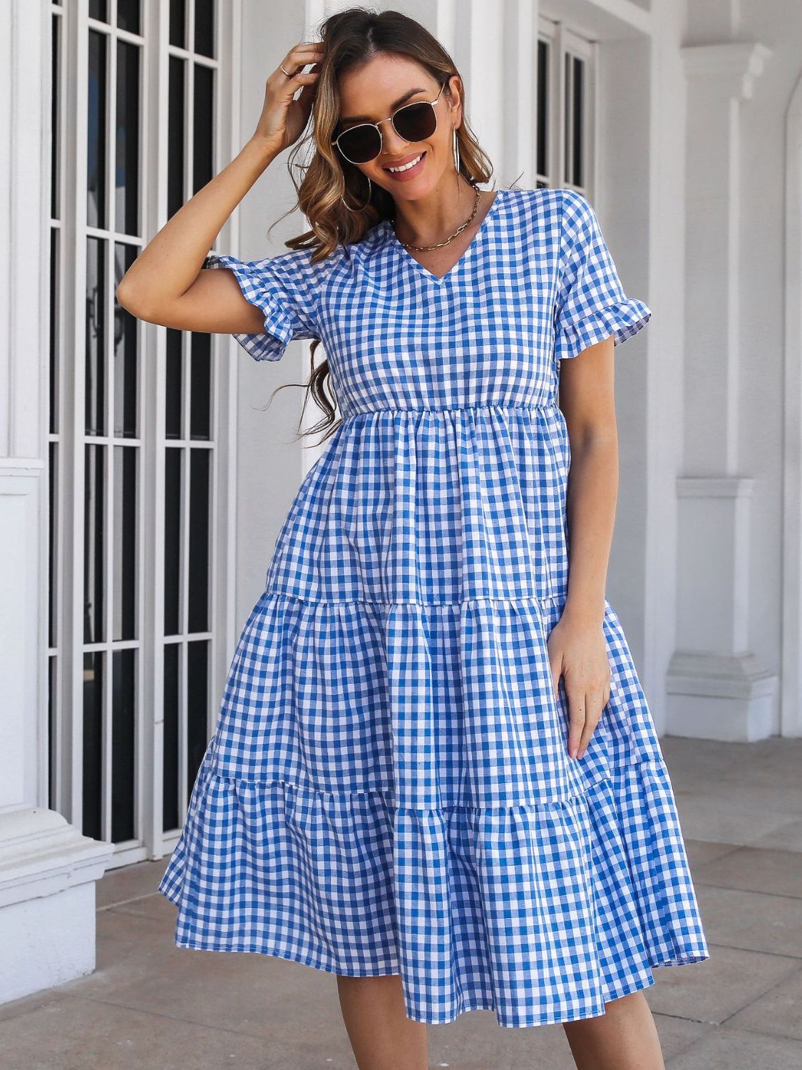 Plaid V-Neck Short Sleeve Midi Dress   