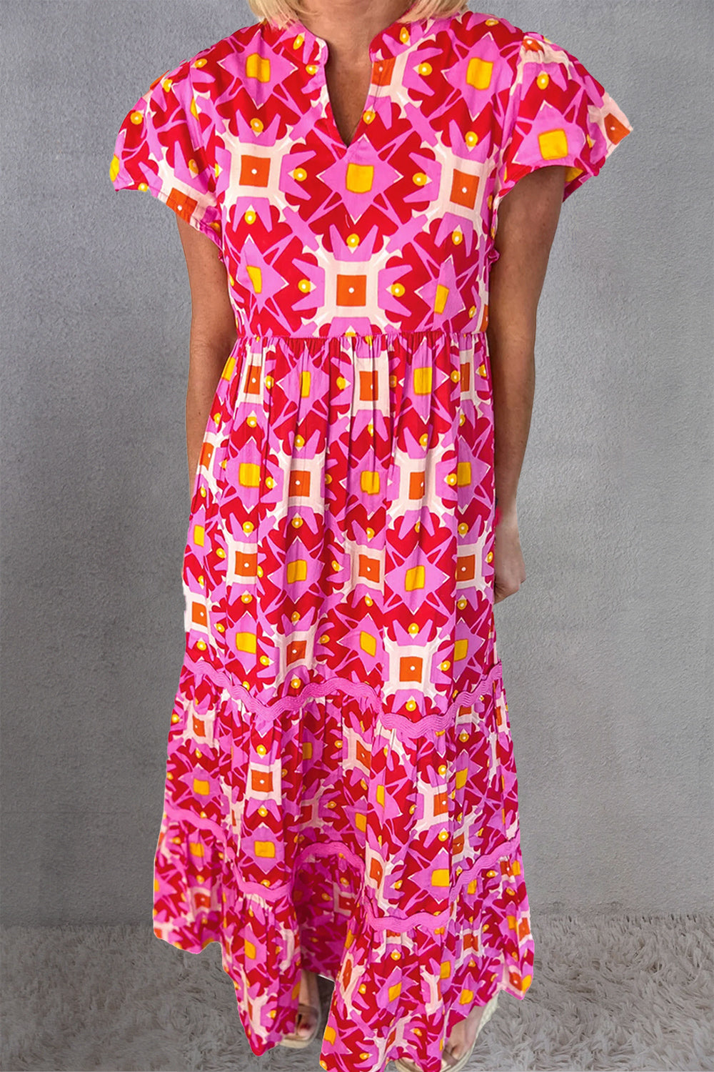 Printed Notched Cap Sleeve Dress Hot Pink S 