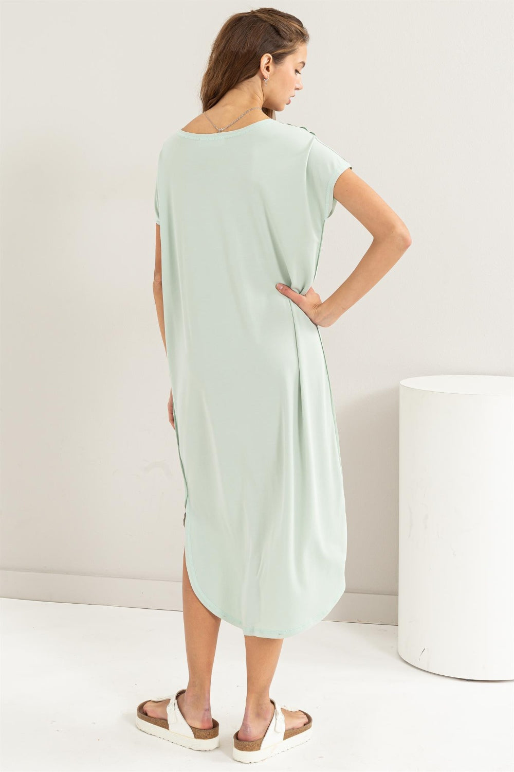 HYFVE Short Sleeve High-Low Slit Midi Dress   