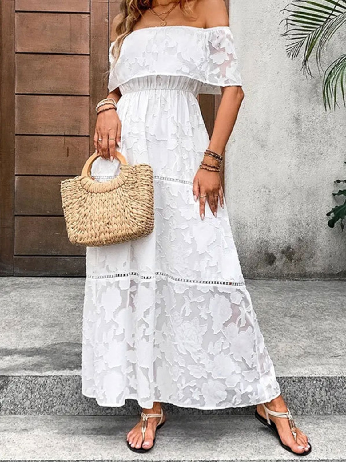 Off-Shoulder Short Sleeve Maxi Dress   