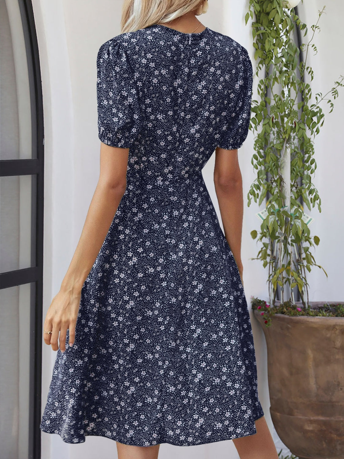 Printed V-Neck Short Sleeve Dress   