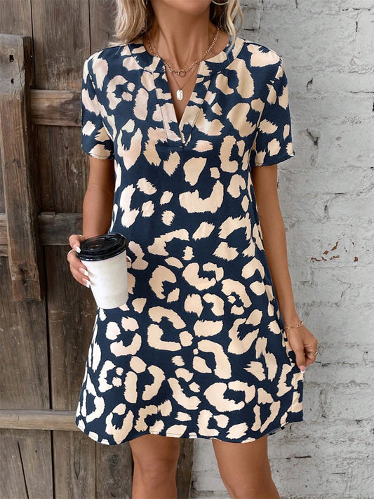 Printed Notched Short Sleeve Mini Dress Navy S 