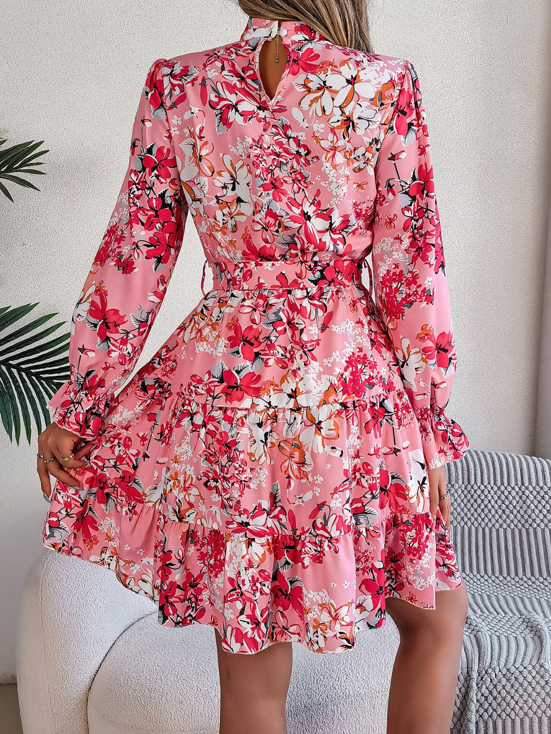 Printed Mock Neck Flounce Sleeve Mini Dress   