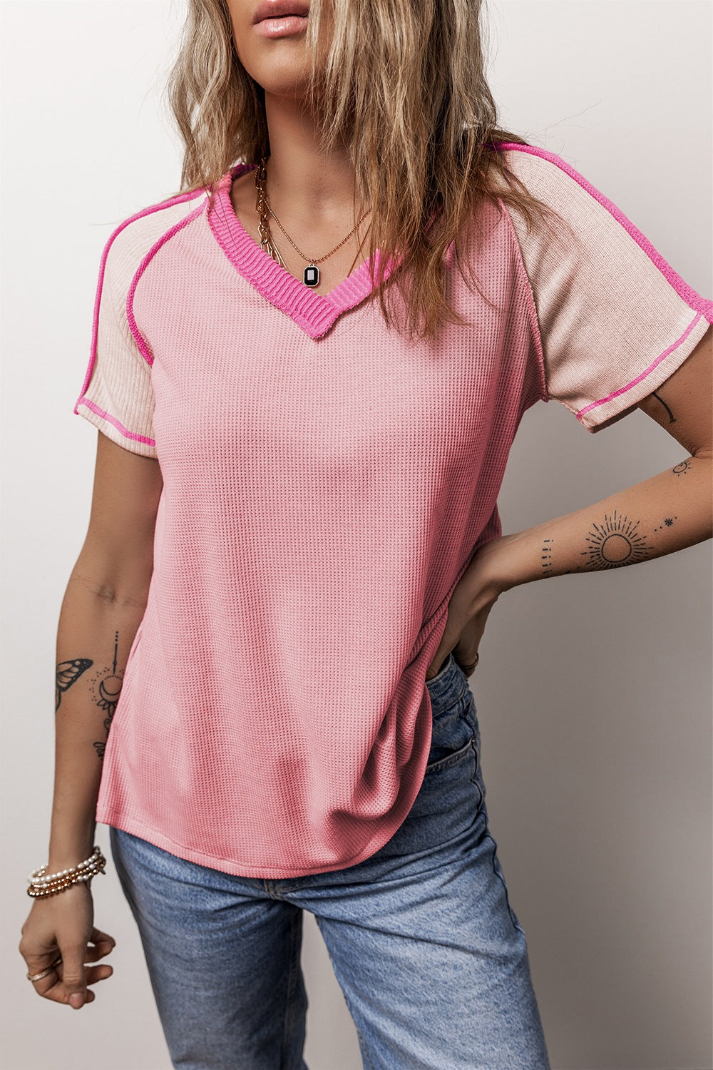 STUNNLY  Color Block V-Neck Short Sleeve T-Shirt Dusty Pink S 