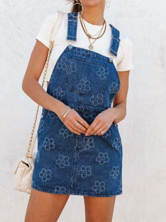 Flower Wide Strap Denim Overall Dress with Pockets Peacock  Blue S 