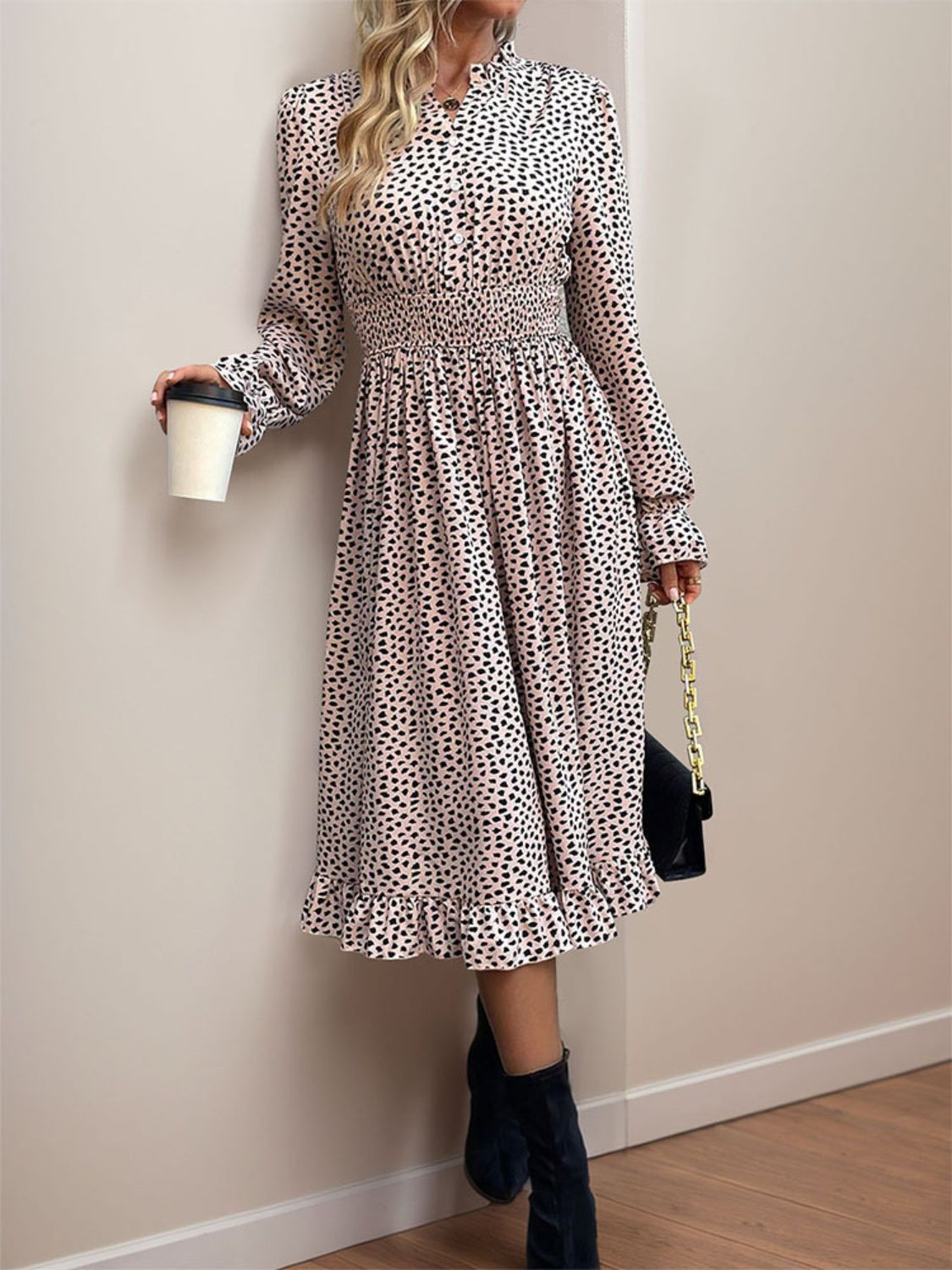 Ruched Ruffled Leopard Long Sleeve Dress   