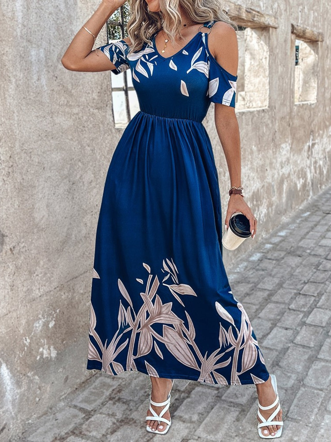 Printed Cold Shoulder Short Sleeve Maxi Dress   