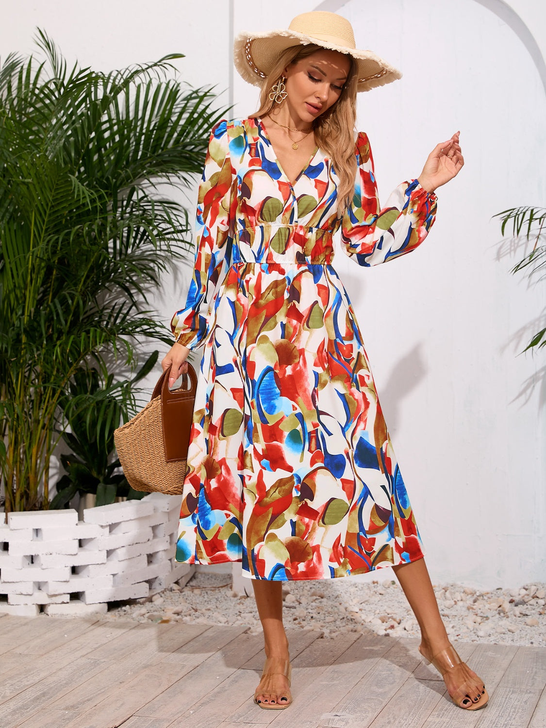 Printed Surplice Long Sleeve Midi Dress   