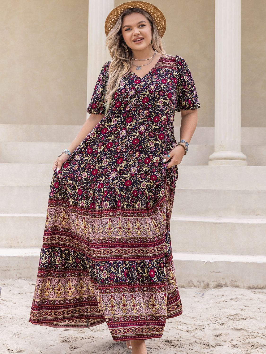 Plus Size Printed V-Neck Short Sleeve Maxi Dress   