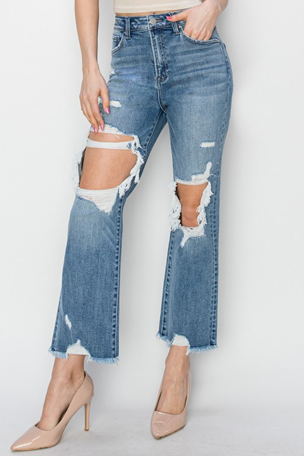 STUNNLY  RISEN High Rise Distressed Crop Straight Jeans   