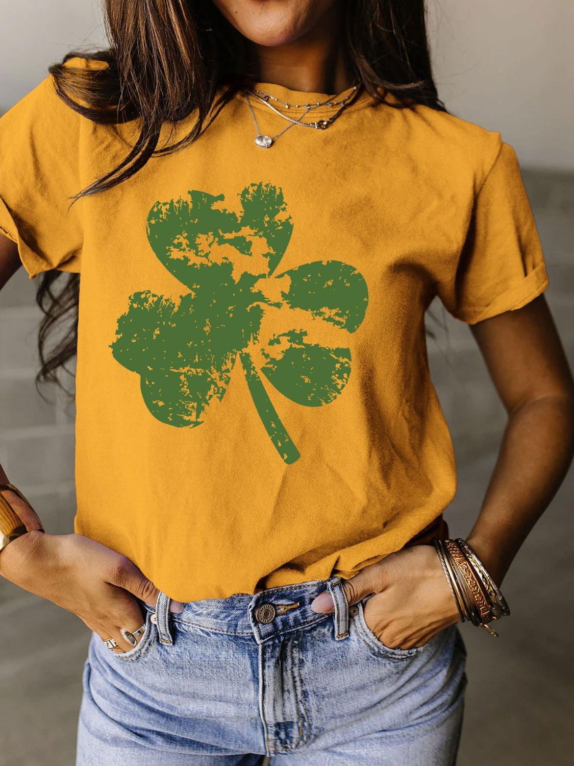 STUNNLY  Full Size Lucky Clover Round Neck Short Sleeve T-Shirt Honey S 