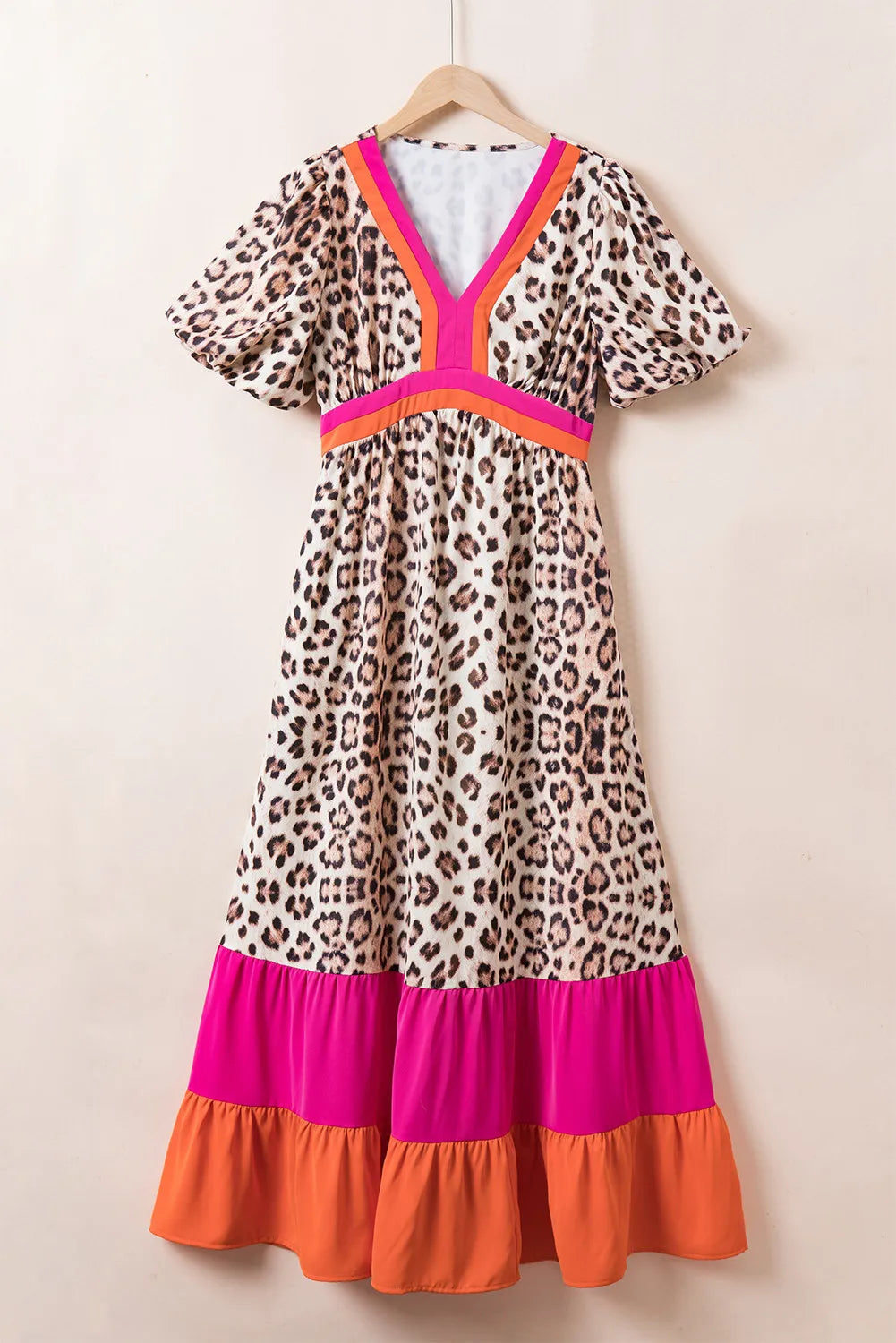 Full Size Leopard V-Neck Half Sleeve Maxi Dress   