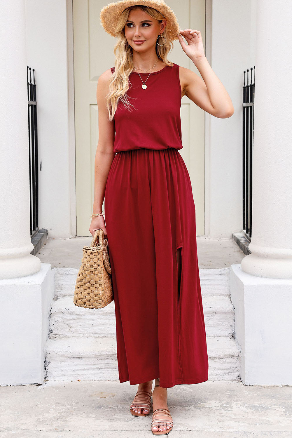 Slit Round Neck Sleeveless Dress   