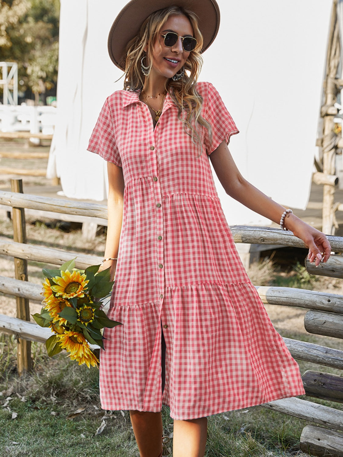 Button Up Plaid Short Sleeve Midi Dress Red S 