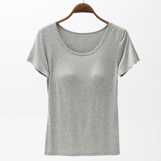 STUNNLY  Round Neck Modal T-Shirt with Bra Heather Gray M 