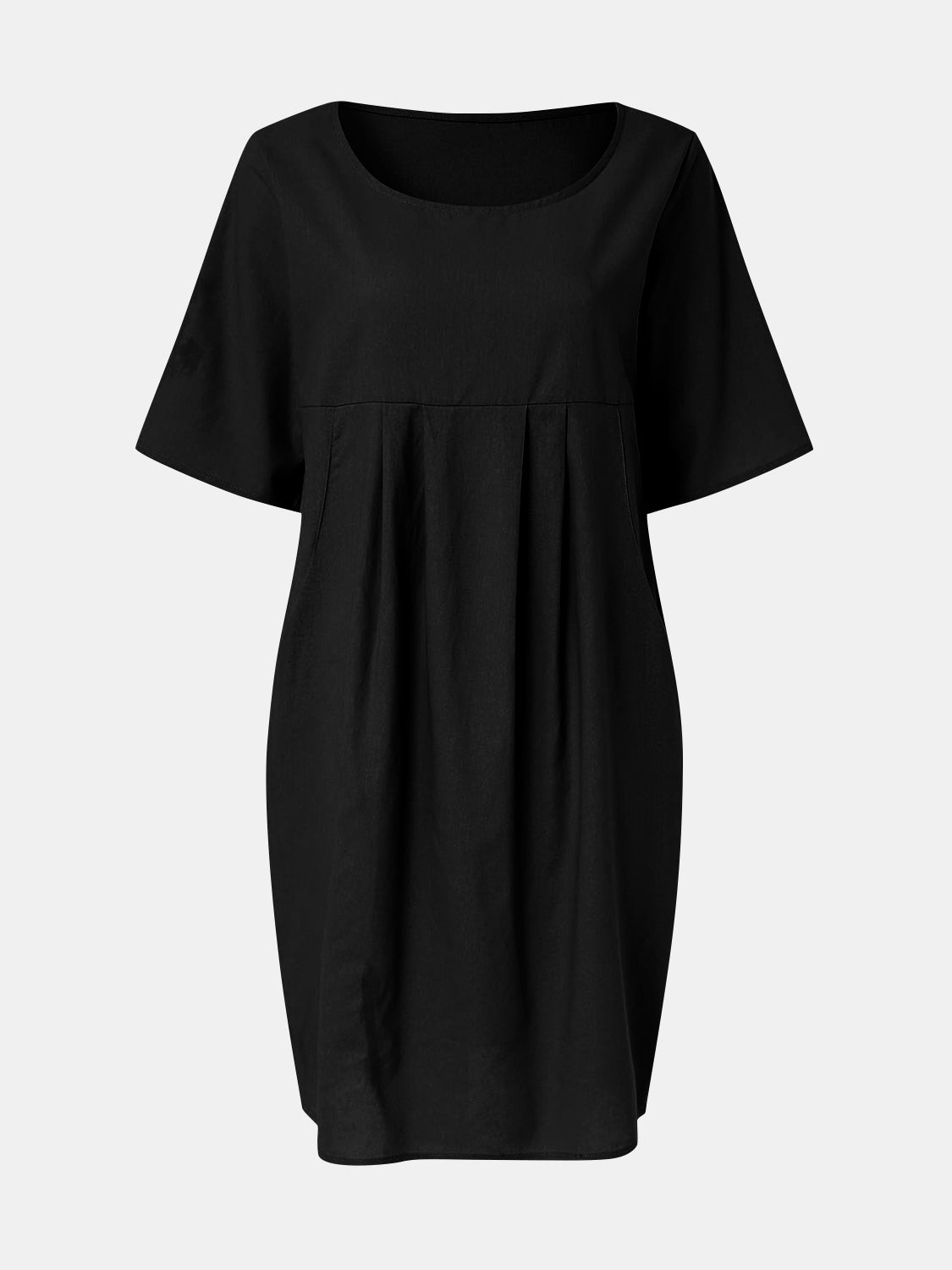 Full Size Round Neck Half Sleeve Dress with Pockets Black S 