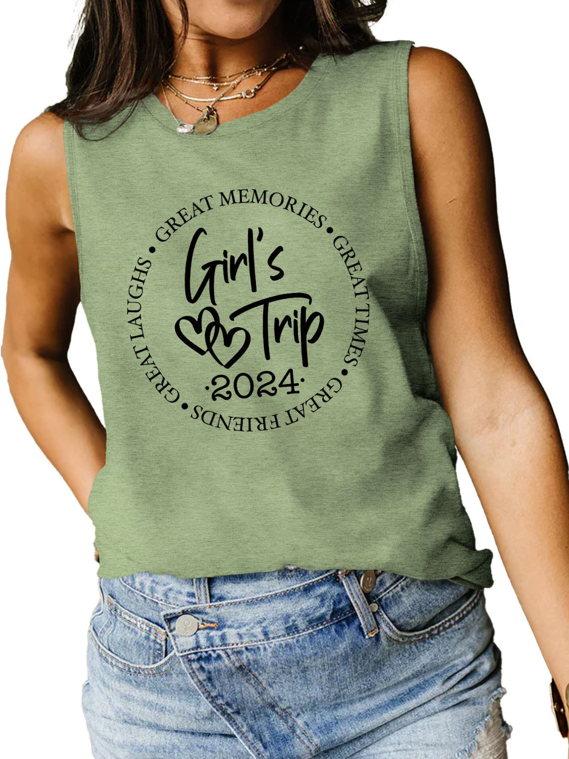 STUNNLY  Letter Graphic Round Neck Tank Sage S 