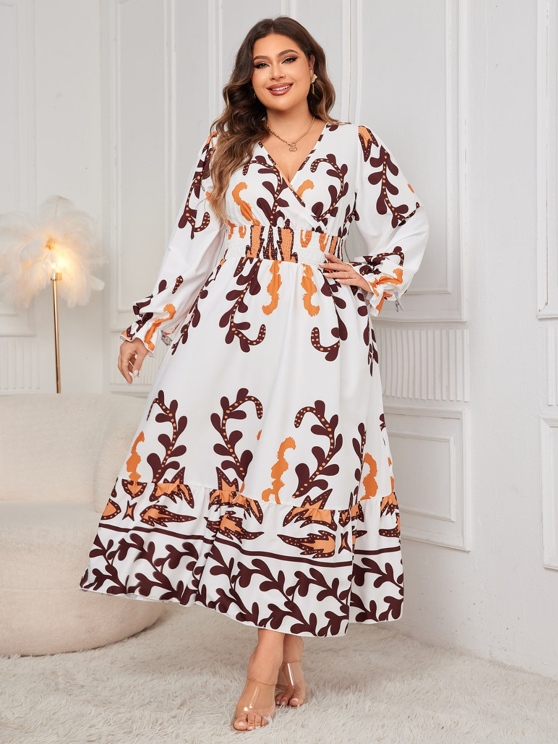 Plus Size Printed Surplice Flounce Sleeve Dress   