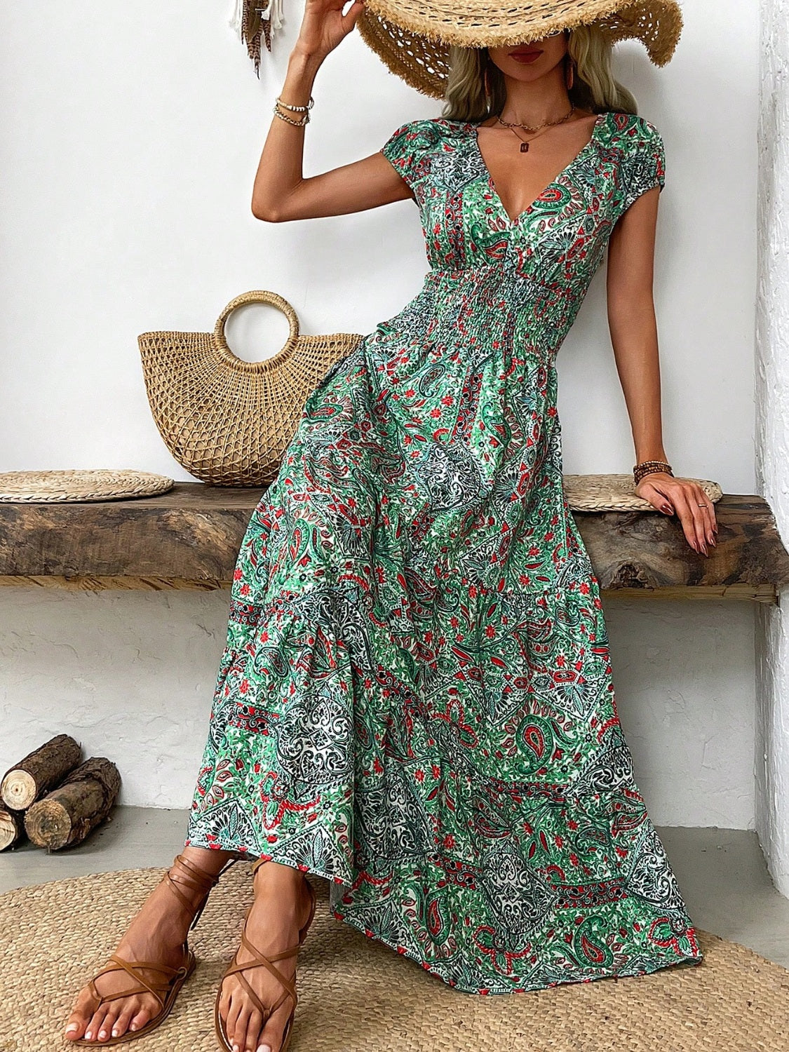 Smocked Printed Cap Sleeve Midi Dress Green S 