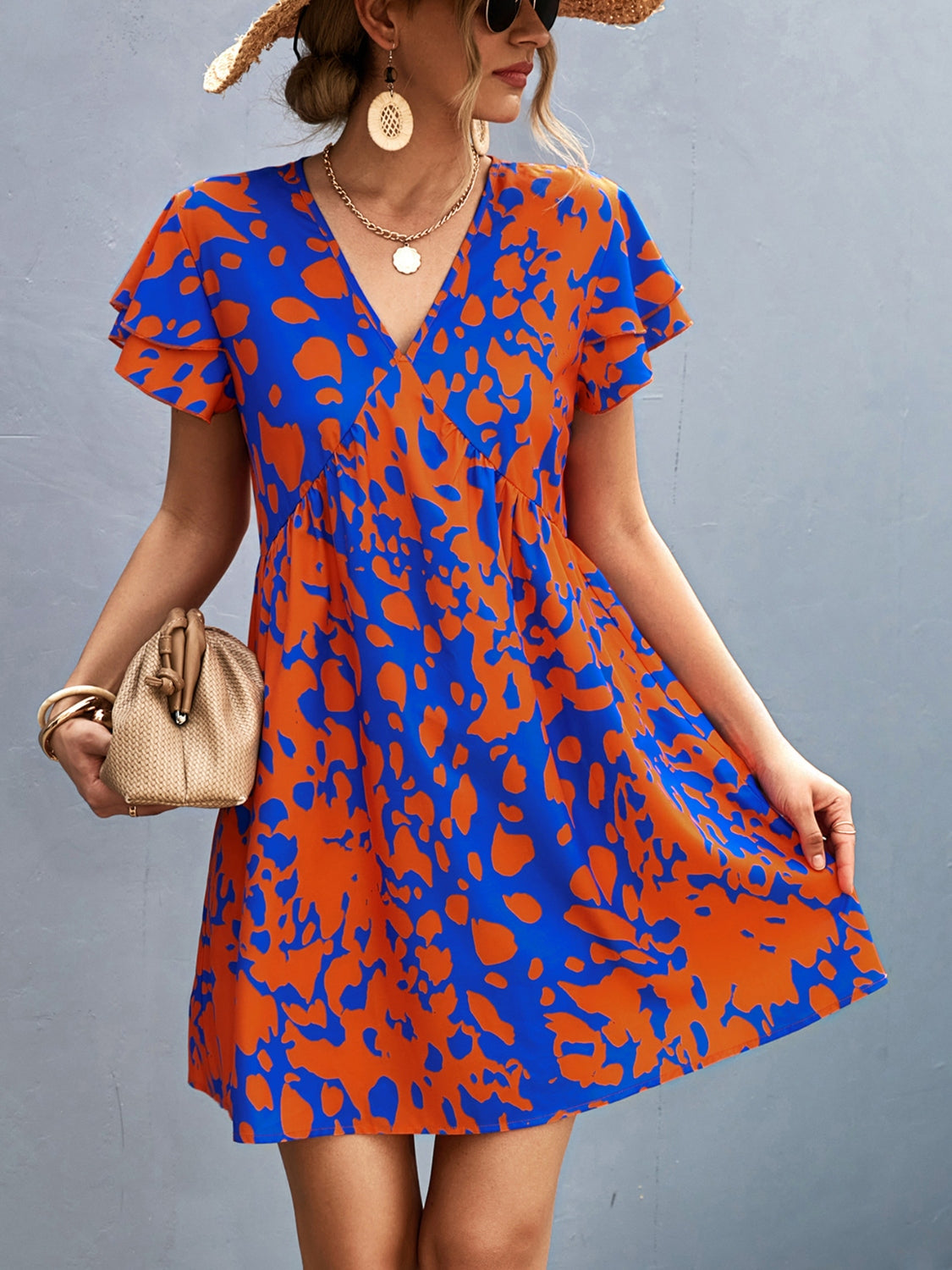 Ruffled Printed V-Neck Short Sleeve Mini Dress Orange-Red S 