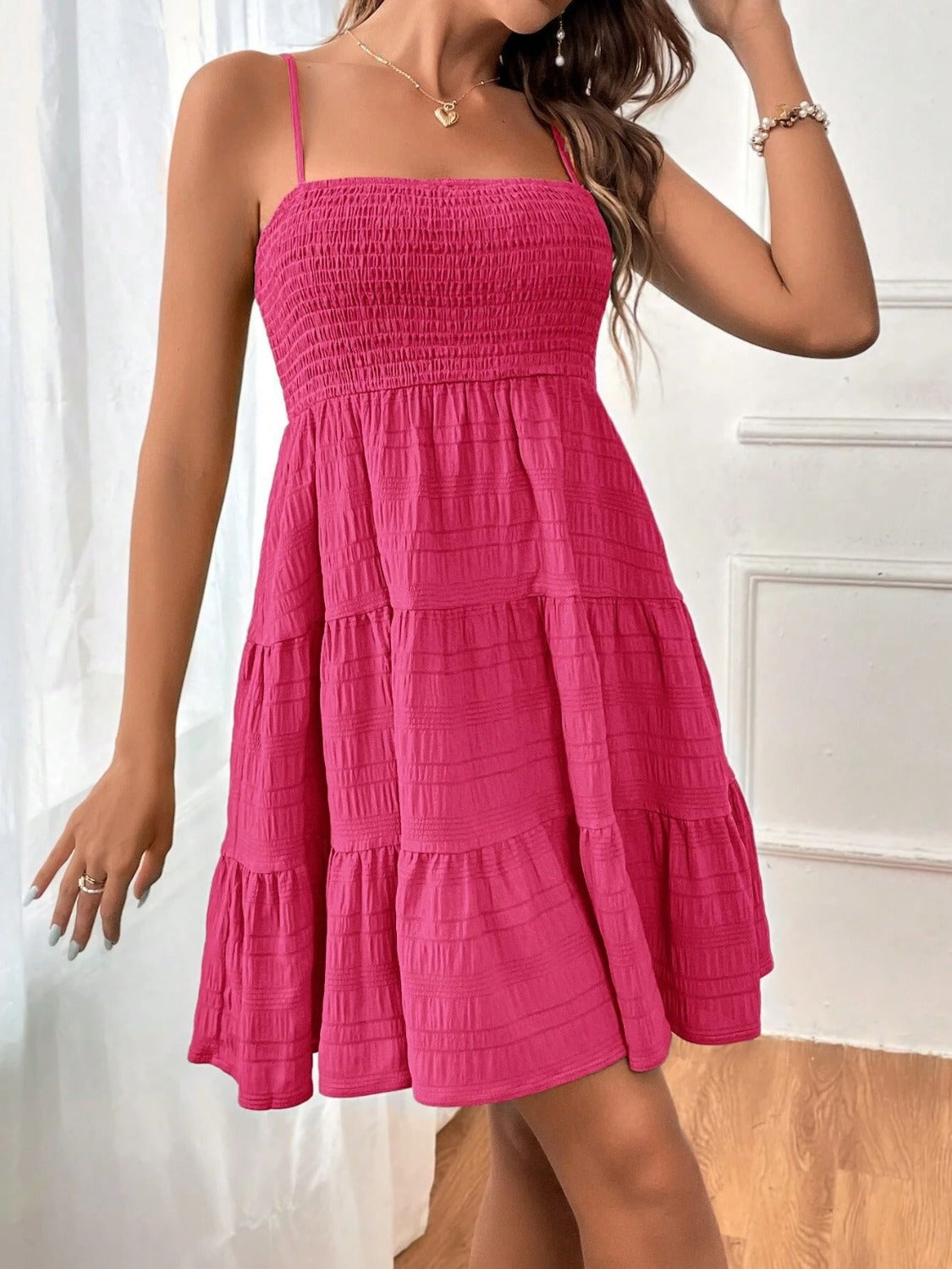 Tiered Smocked Square Neck Cami Dress Deep Rose S 