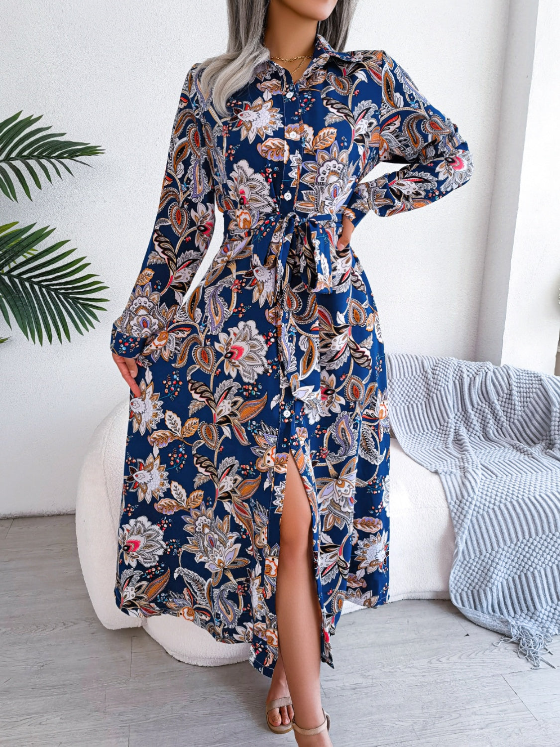 Tied Printed Long Sleeve Midi Dress Royal Blue S 