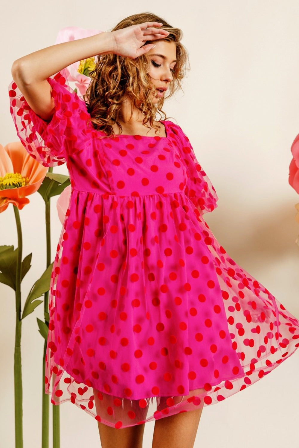 BiBi Polka Dot Mesh Puff Sleeve Dress Fuchsia S 